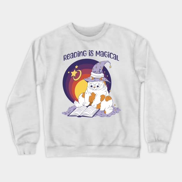 Reading Is Magical Adorable Cat in Witch Hat design Crewneck Sweatshirt by Luxinda